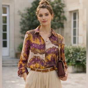 Tracy M Silky Purple and Brown Blouse Size L